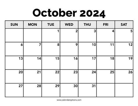 October 2024 Calendar (PDF Word Excel)