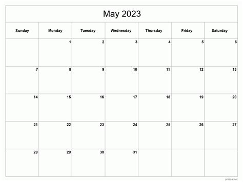 Calendar Printable May 2023