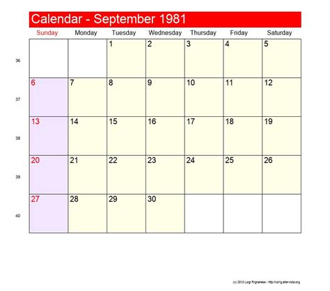 Calendar September 1981