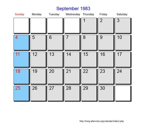 Calendar September 1983