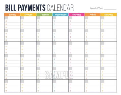 Calendar Template For Bill Payments