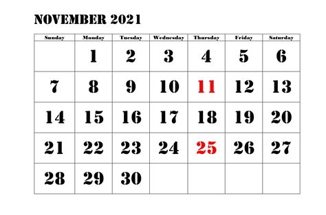 Calendar for November 2021