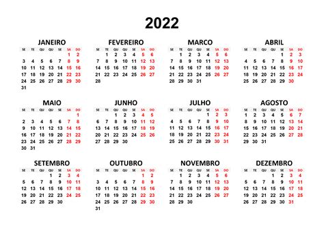 Calendário 2022 para Imprimir → Datas e Feriados em Modelo PDF