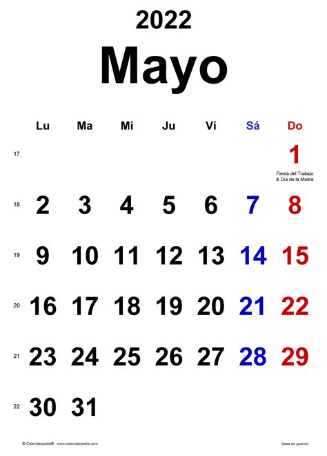 Calendario De Mayo 2022 Calendario mayo 2022 en Word, Excel y PDF - Calendarpedia