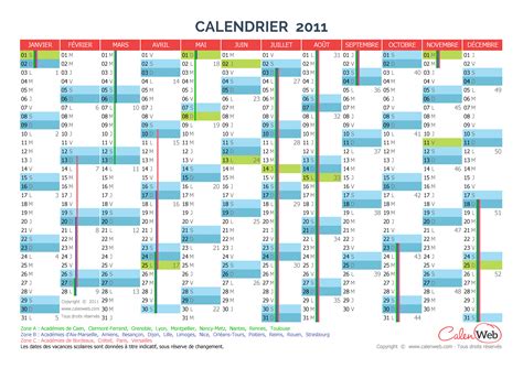 Calendrier annuel - Année 2011 avec jours fériés et vacances scolaires