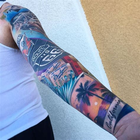 California Beach Flower Sleeve Tattoo by Jacki by