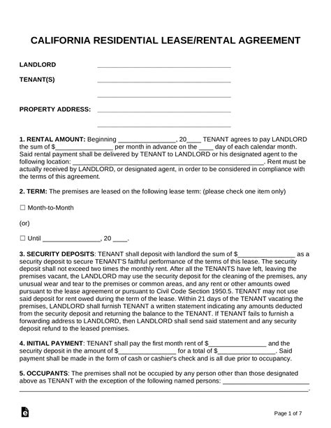 California Rental Agreement Free Printable