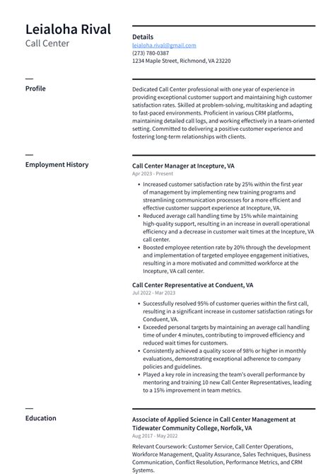 Call Center Sample Of Objectives For Resume