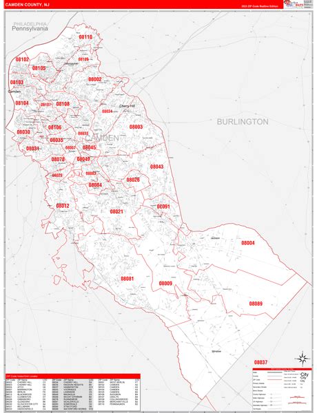 Camden New Jersey Zip Code Wall Map (Red Line Style) by MarketMAPS