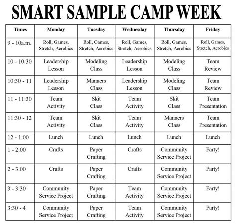 Camp Schedule Template Word