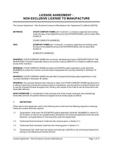License Agreement NonExclusive License To Manufacture Template in Word