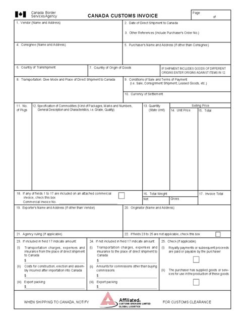 Canada Customs Invoice Template