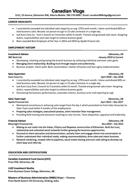 Canadian Style Resume Format