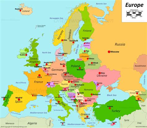 Large scale political map of Europe with relief, capitals and major