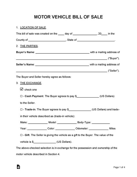 Free Motor Vehicle (DMV) Bill of Sale Form PDF WORD
