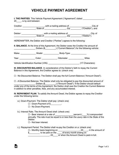 Car Payment Agreement Template Free