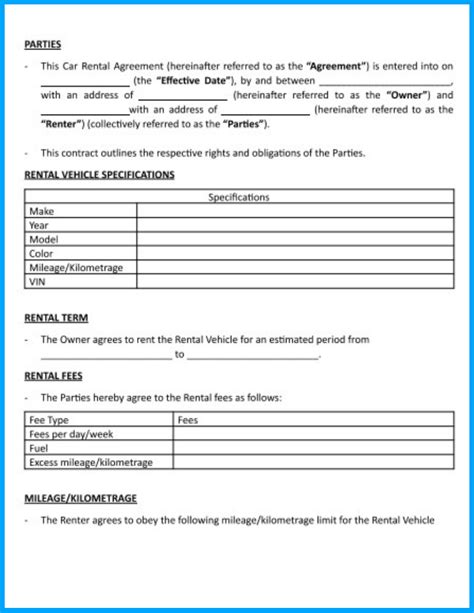 Car Rental Contract Template Free