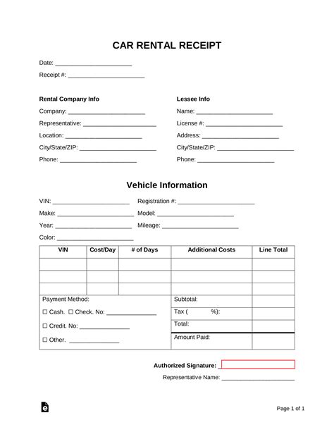 Car Rental Receipt Template Word