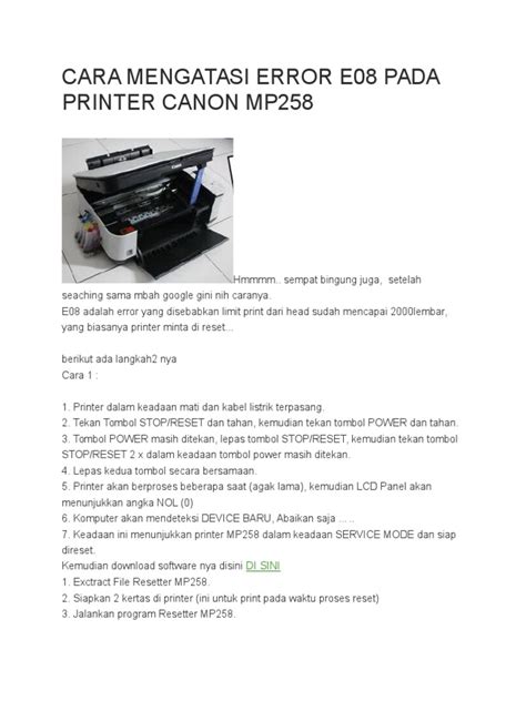 Cara mengatasi Error E08 pada printer canon mp258