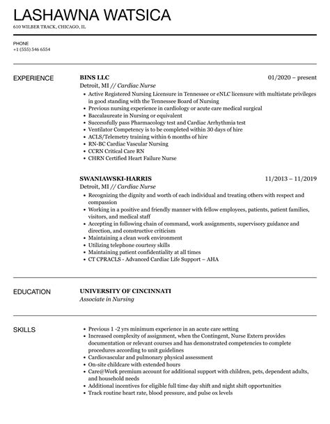 Cardiac Nurse Resume Example Sample