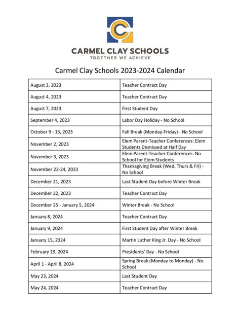 Carmel Clay Calendar