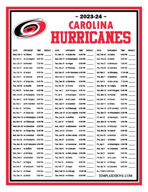 Carolina Hurricanes Schedule Printable