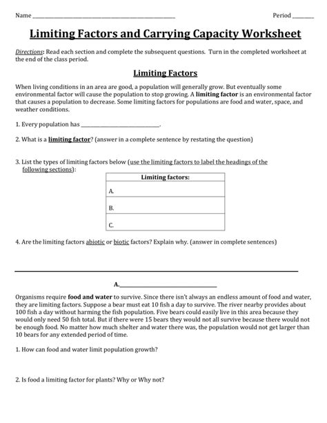 Carrying Capacity And Limiting Factors Worksheet Answers