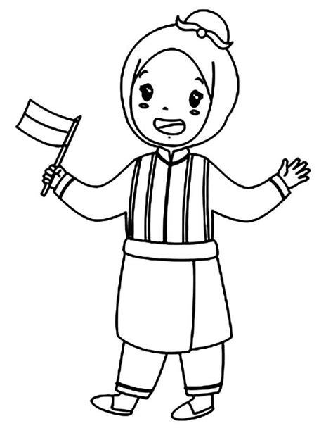 Indonesian Girl Wearing Dayak Traditional Dress Outline Cartoon Vector