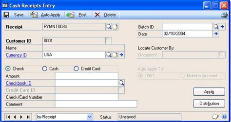 Cash Receipts Entry Window