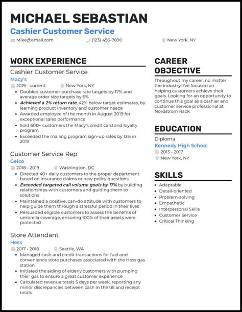 Cashier Resume Examples Customer Service