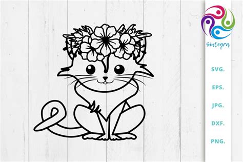Download Cat with Flowers Crown on Head Svg... For Crafts