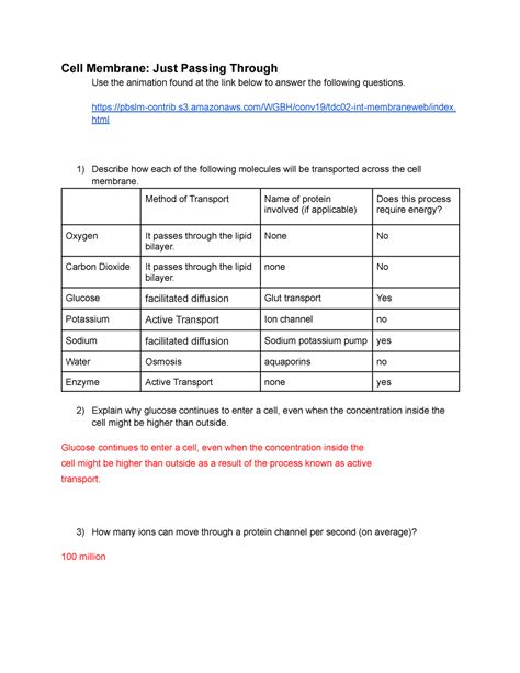 Cell Membrane Just Passing Through Worksheet Answer Key Structure