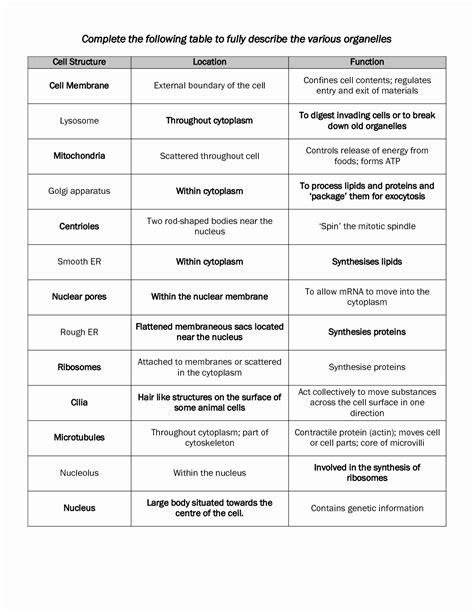 Cell Organelles And Their Functions Worksheet Answers — db-excel.com