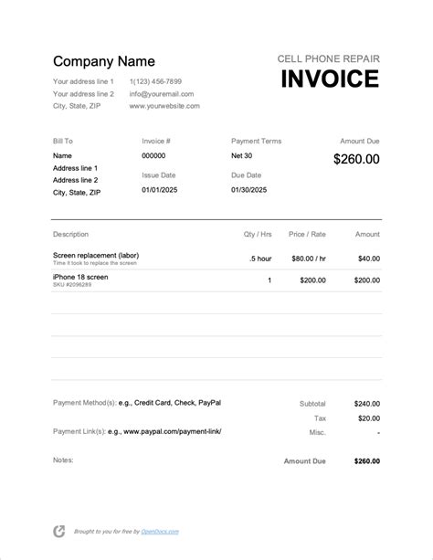 Auto Repair Invoice Template Word Wfacca Throughout Cell Phone Repair