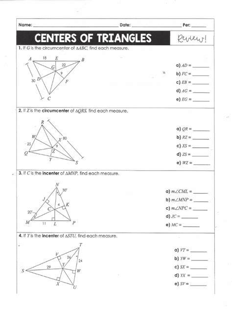 Centers Of Triangles Review Worksheet Answer Key