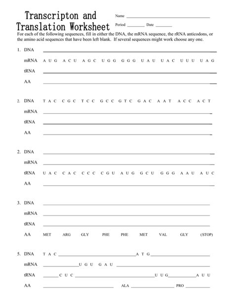 Trna And Mrna Transcription Worksheet With Answer Key Protein