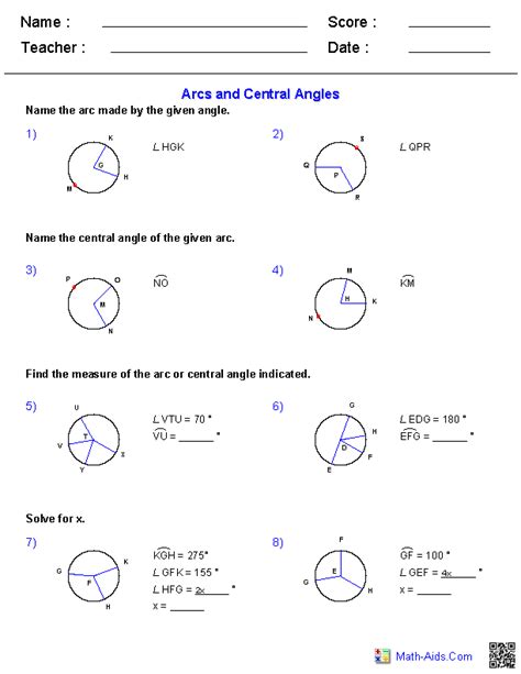 Central Angles Arc Measures And Arc Lengths Worksheet Answers