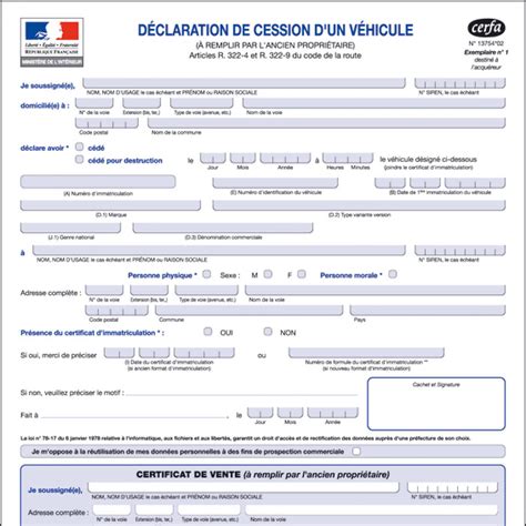 Formalaire déclaration de cession véhicule d’occasion