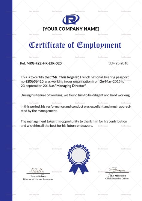 Dynamic Employment Certificate Design Template in PSD, Word