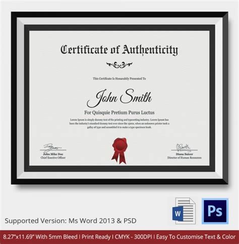 Certificate Of Authenticity Templates - Word Excel Samples