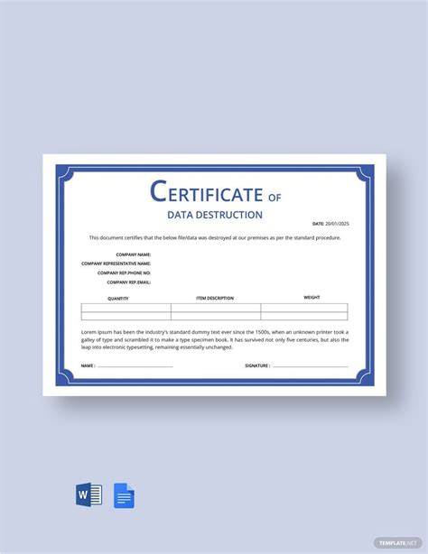 Certificate of Data Destruction Template [Free JPG] Google Docs, Word