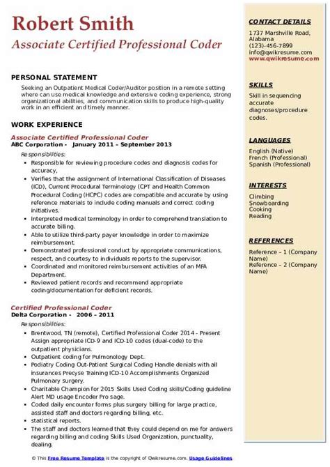 Certified Professional Coder Resume Sample