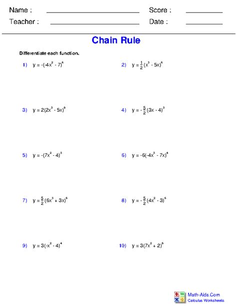 Chain Rule Derivative Worksheet