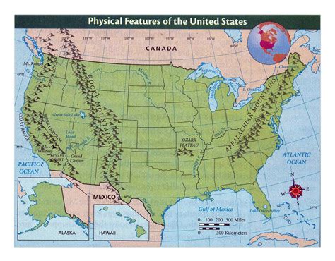 A map of the United States with different physical features.