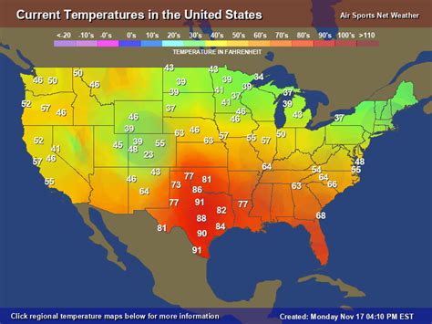 Map of the United States showing temperature