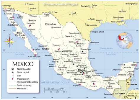 A map of Mexico and USA showing various locations