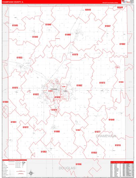 Champaign County, IL Zip Code Wall Map Red Line Style by MarketMAPS