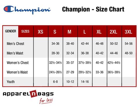 Champion Brand Size Chart