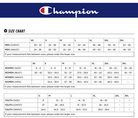 Champion Tee Size Chart