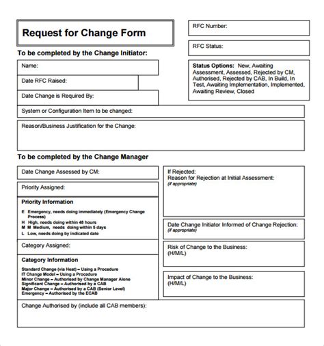 Standard Change Request Form Template Sample